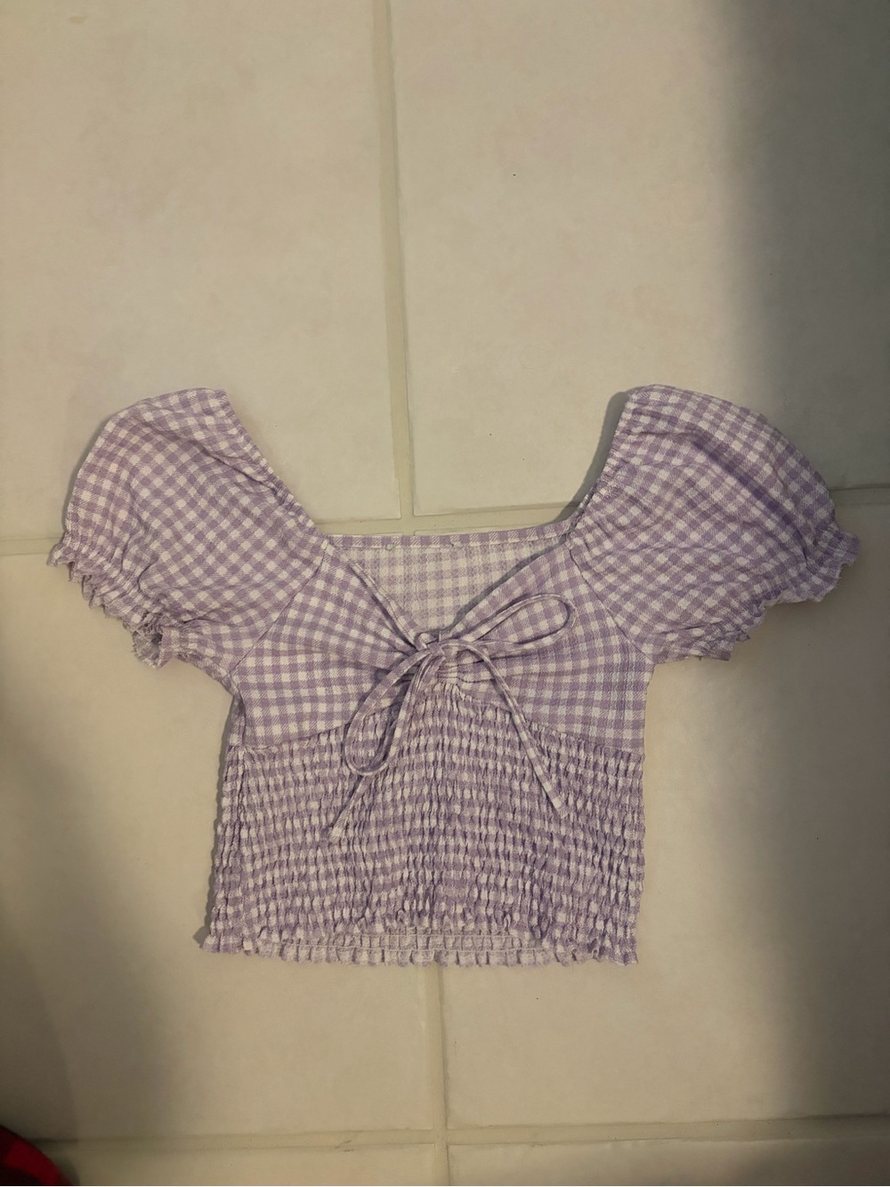 Hollister Lavender Gingham Puff Sleeve Crop Top
